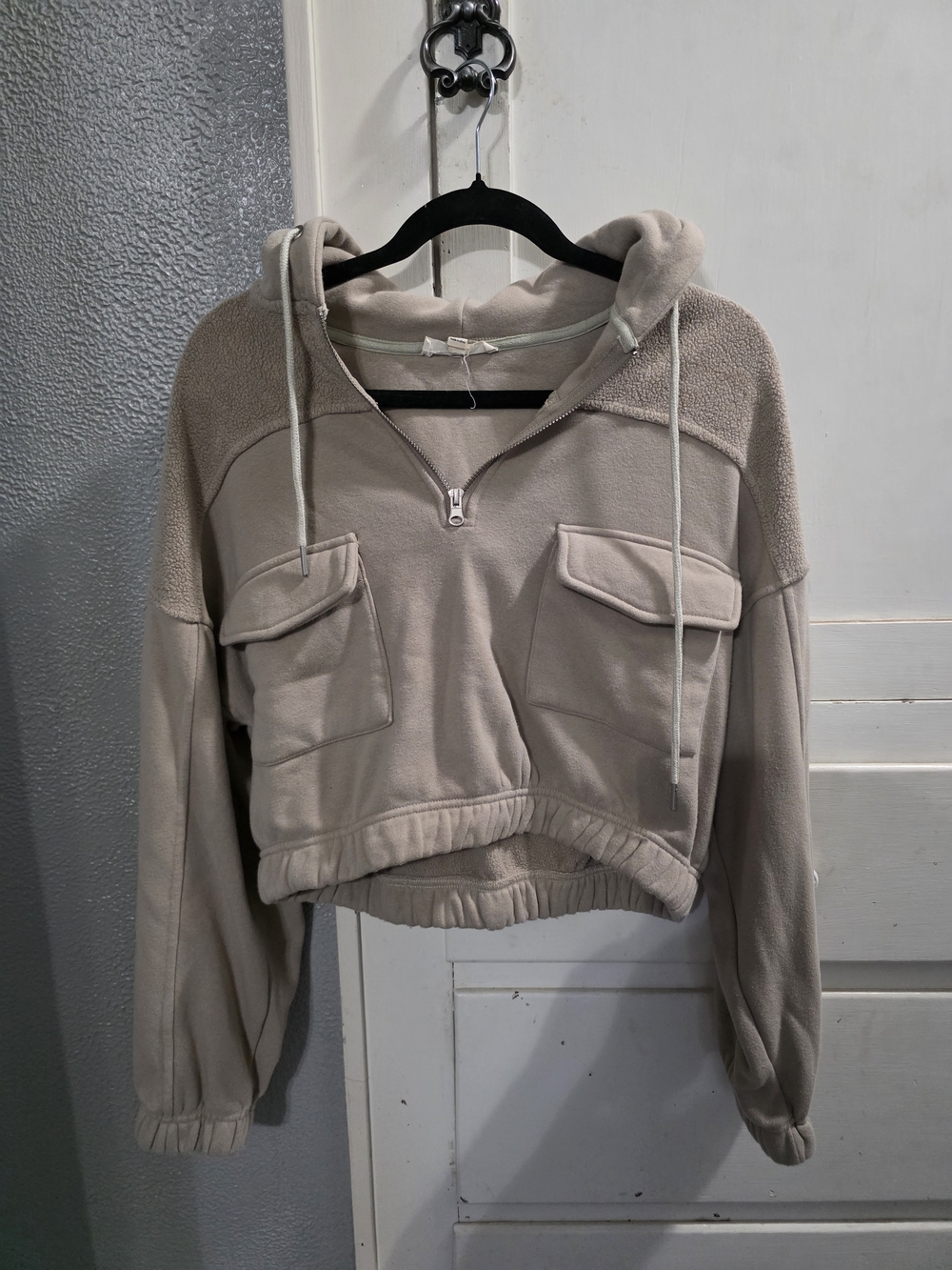 grand & greene Cropped Half-Zip Hooded Pullover in Taupe